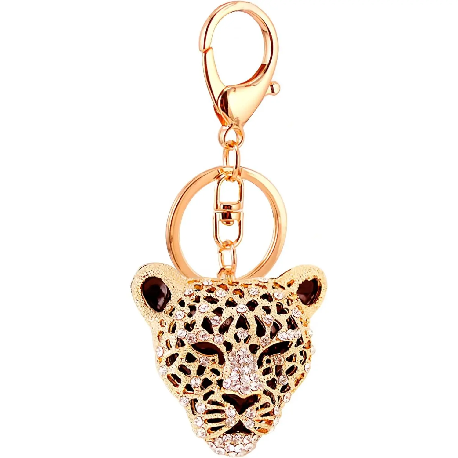 MAGIKON Gold Leopard Keychain – Rhinestone Cheetah Head Charm for Purse, Wallet, Bag, Keyring 2-Inch
