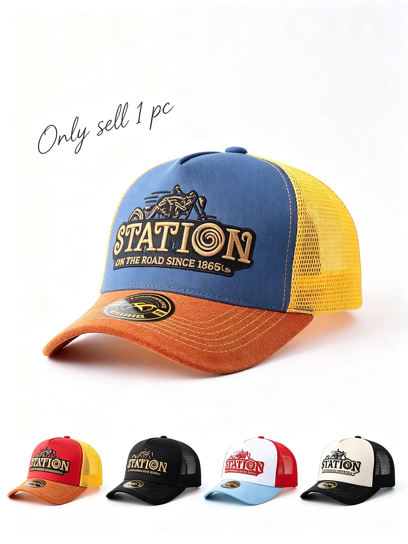 Station Motorcycle Embroidered Baseball Cap, Lightweight Quick-Dry Breathable Sun Protection, Adjustable 5 Colors, All-Season Sporty Hat