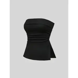 Women's Strapless Bodycon Tank Top with Split Hem Design, Short Top for Summer