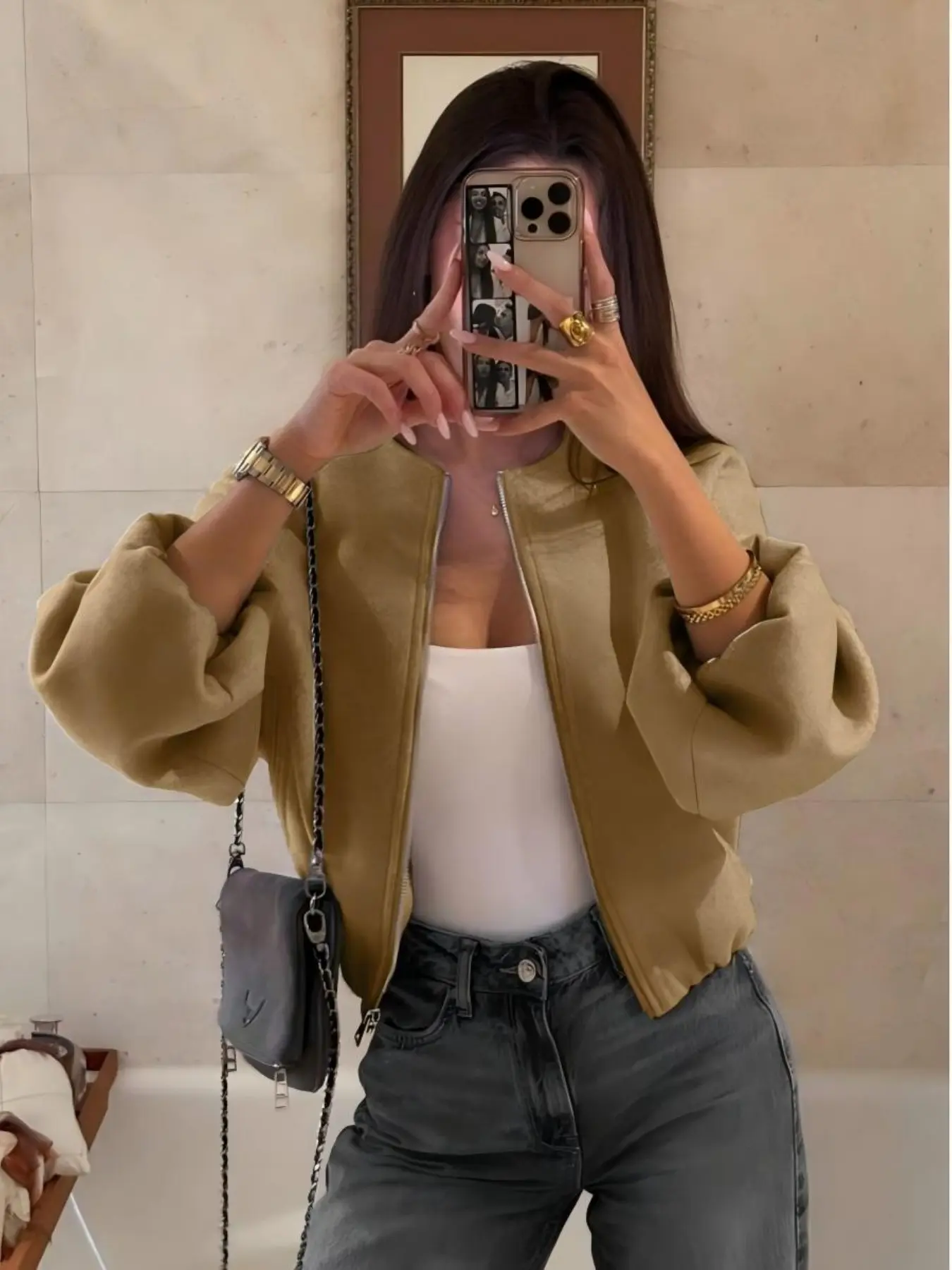 Simple Versatile Solid Color Zipper Short Jacket with Pockets, Soft Long Sleeve Outerwear, Women's Casual Full Sleeves Coat, Fall Winter Style, Tops