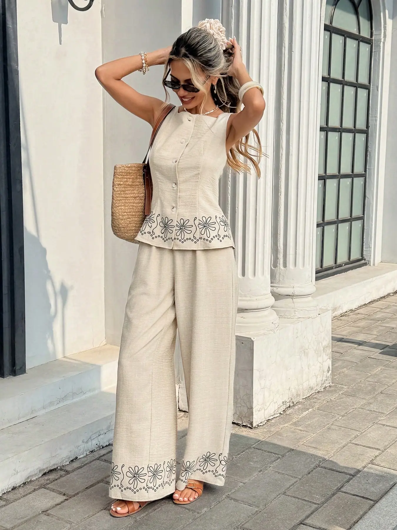 Women's Linen Feel 2-Piece Set, Vintage Floral Casual Style, Square Neck Sleeveless Vest, High-Waisted Wide Leg Pants, Summer