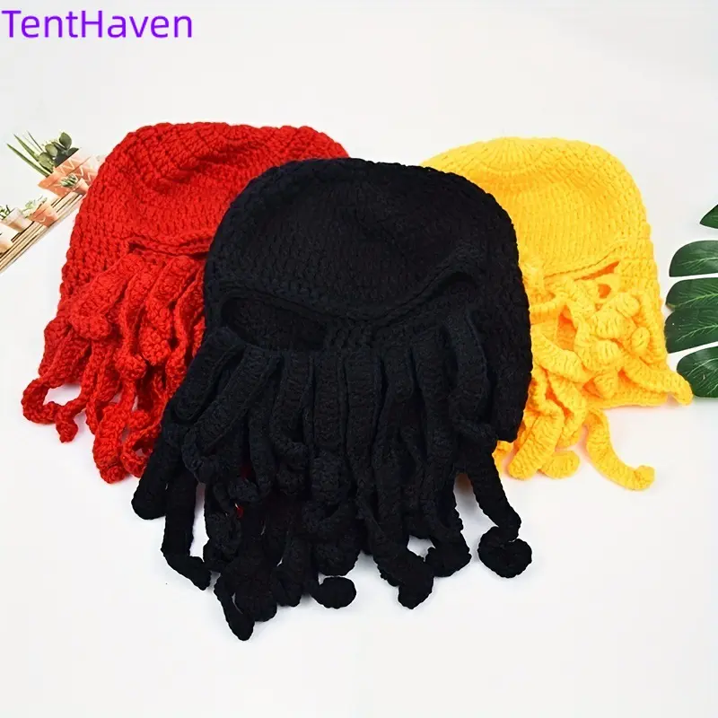Funky Tentacle Shape Headwear, Hand-Woven Leopard Print Thick Knit Beanie for Adults with a Playful Look for Party Cosplay