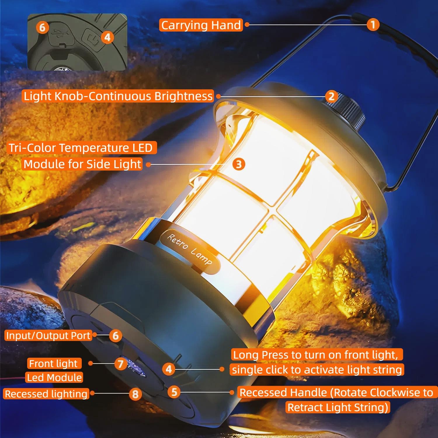 Multi-Functional Camping Lamp with Flashlight and String Light Features, Waterproof Retro Outdoor Lantern for Emergency Use, Portable Rechargeable Hanging Light