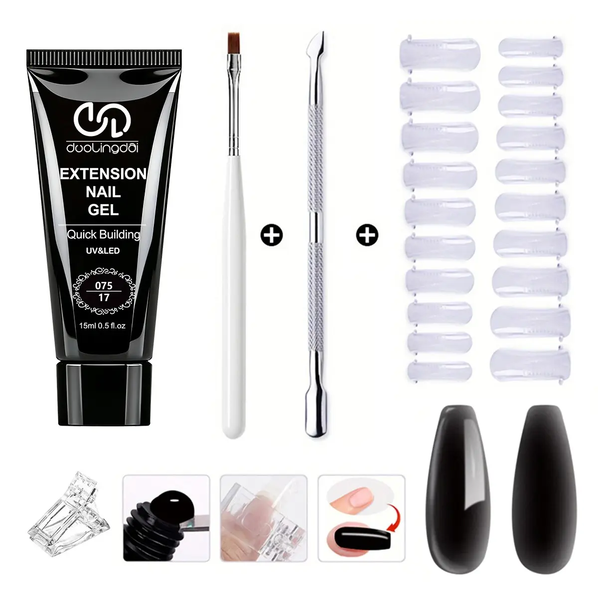 Duolingdai Quick Shape UV Nail Extension Gel Set, 15ML Matte, Reusable Forms, Fixing Clips, Brush, Cuticle Pusher, Beginner Friendly, Nail Art