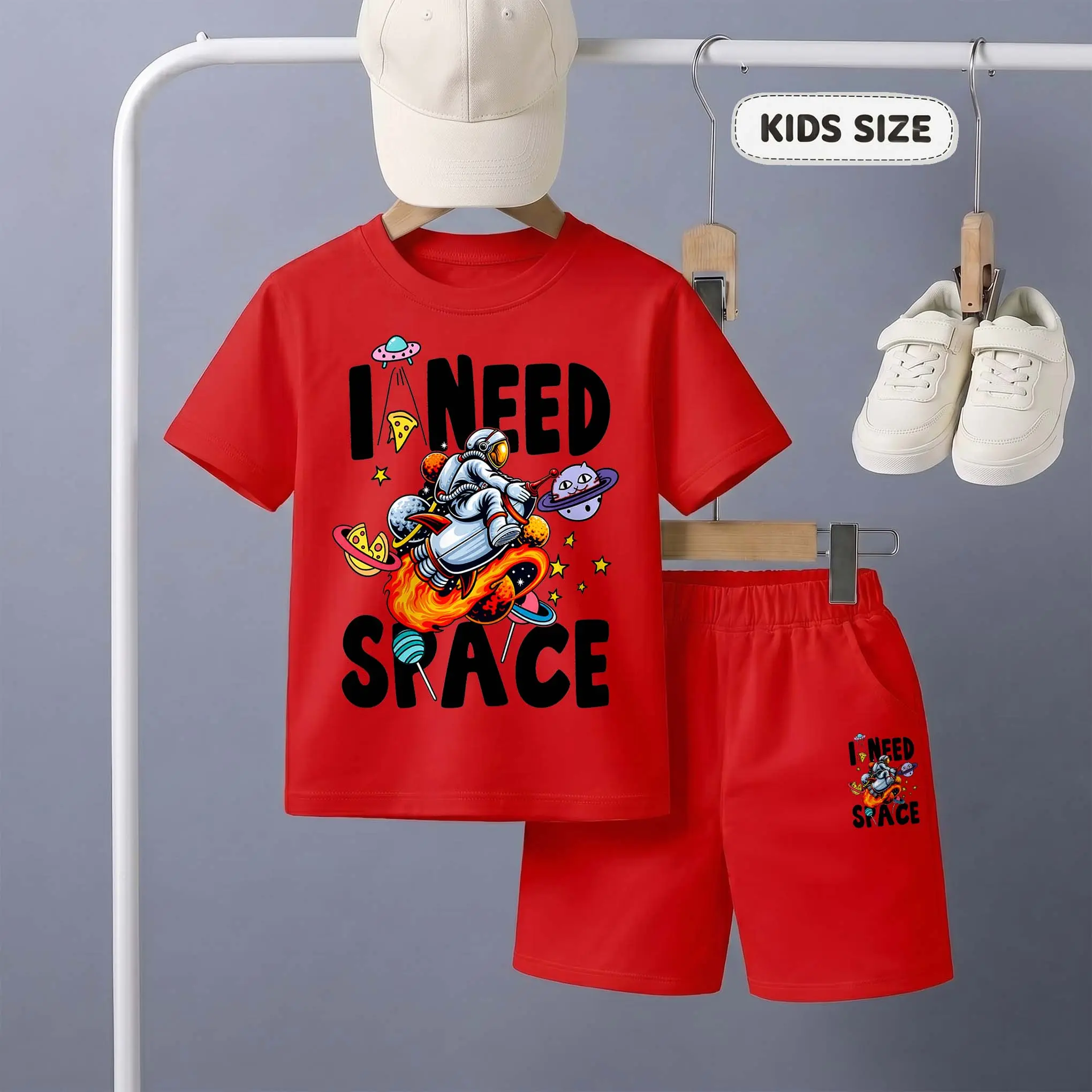 Kids’ I Need Space” Print Short-Sleeve T-Shirt And Shorts Set—Casual Summer Kids' Clothing. This Round-Neck Outfit Combination Is Perfect For Everyday Wear And Outdoor Play.