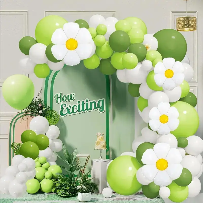 139PCS Avocado Green White Daisy Balloon Garland Kit, Sage Green Flower Balloon Arch Set for Baby Shower Birthday Wedding Bridal Shower Party Background Decorations