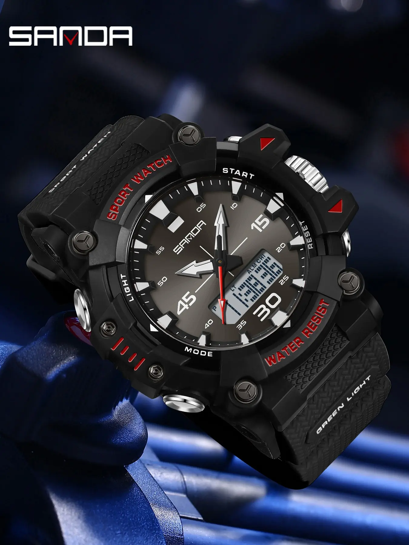 Men's Sanda6291 Electronic Watch, Quartz Wristwatch, Fashion Sport Waterproof Date Pointer Digital Analog Dual Display, Student Watch, 1pcs