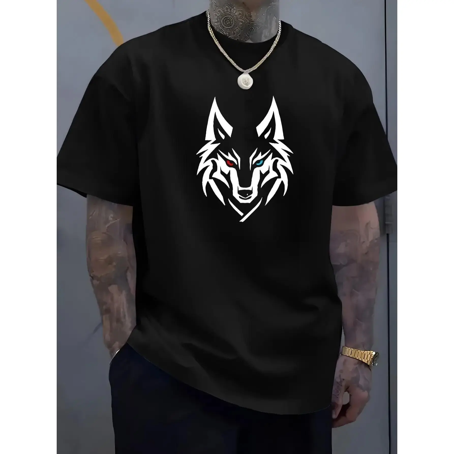 Men'S Summer Casual Wolf Print T-Shirt - Soft, Breathable Round Neck Tee with Intricate Wolf Design, Dark Color, Perfect for Casual Attire,Wolf Print Shirt Tee