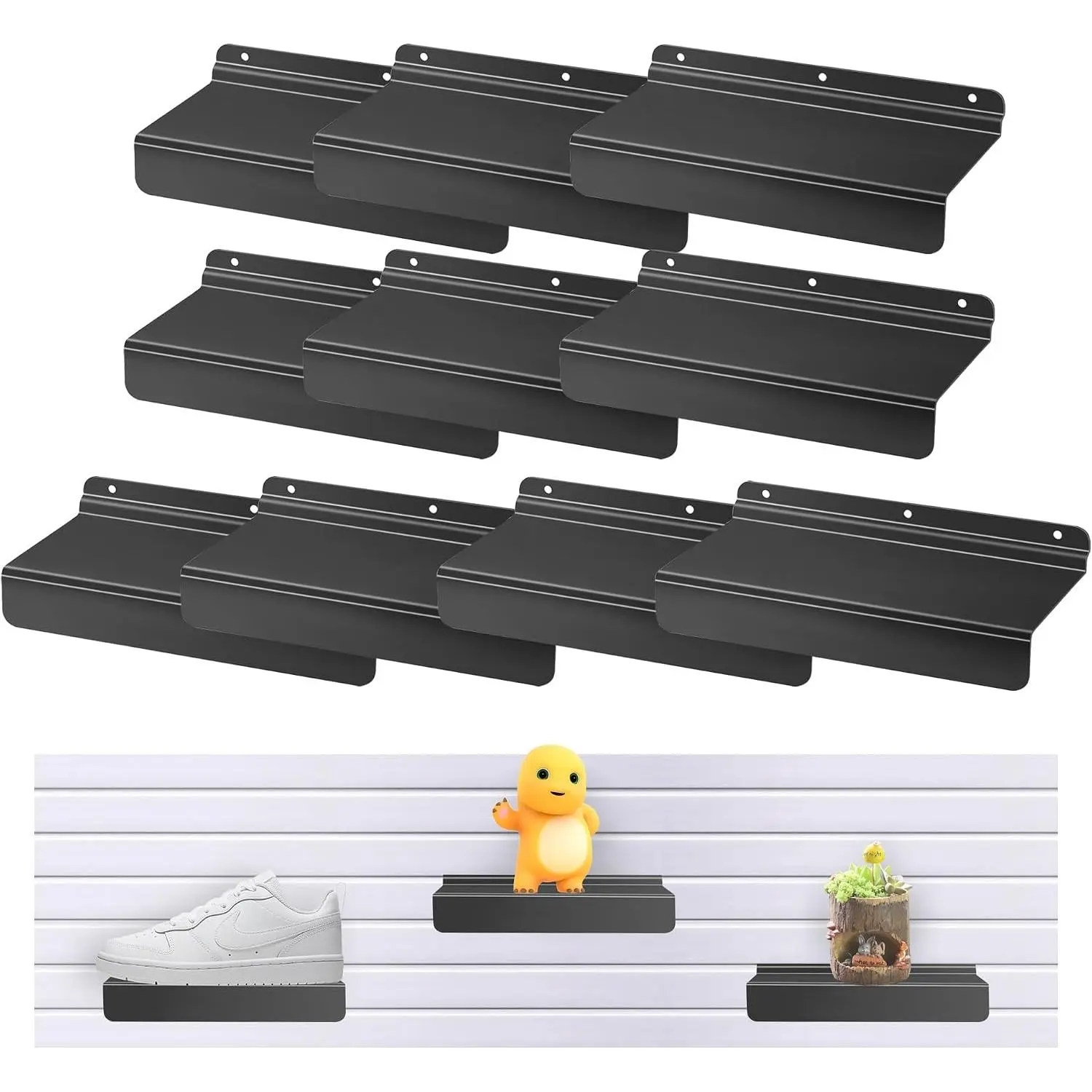 Slatwall Shelves, Slatwall Panel Accessories, Floating Slat Wall Shelf Shelves for Shoes, Black Metal Flat Slat Board Accessories for Retail Display, 9 x 4 inch -(10 Pcs)