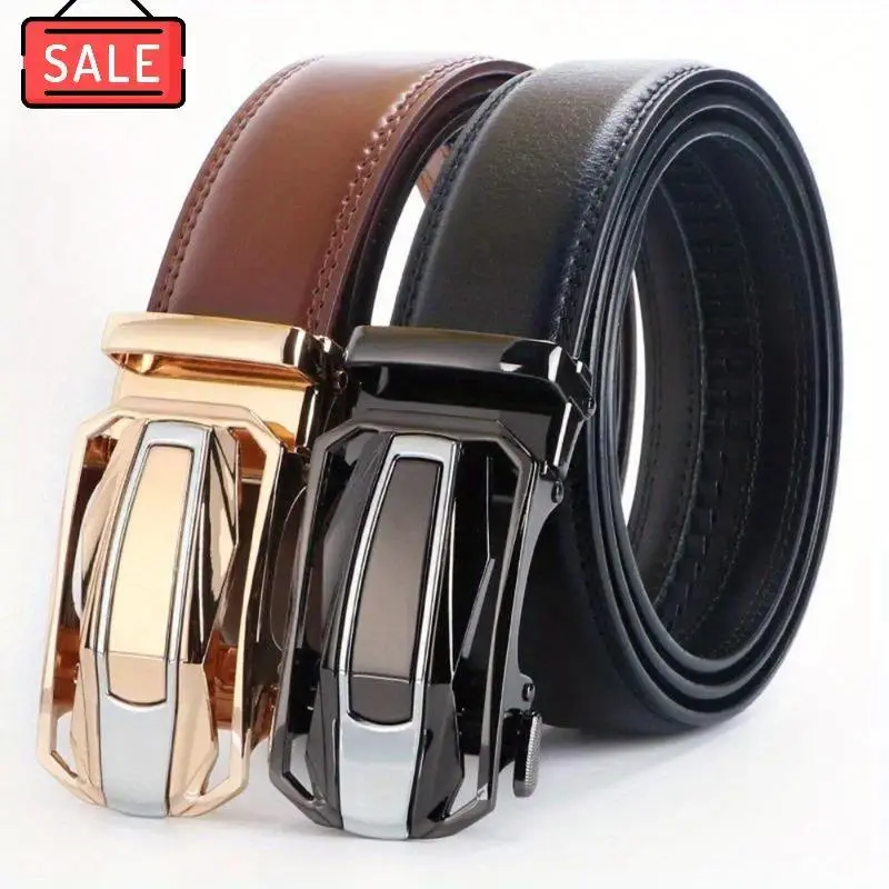 Men's Genuine Leather Ratchet Belt Adjustable Automatic Buckle Dress Belt Classic Business Casual Waist Belt Reversible Style Premium Leather Belt For Men Daily Wear Office Suit Travel Outfit Accessories Gift For Husband Dad