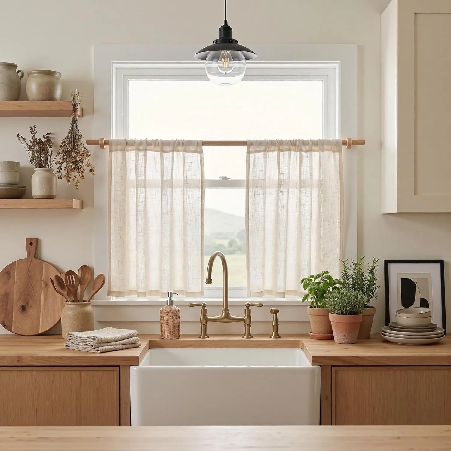 24 Inch Long Semi Sheer Linen Kitchen Curtains, Light Filtering Rod Pocket Window Panels, 2 Panels 34 x 24 Inch, Neutral Drapes for Small Window/Cafe/Bathroom Basement