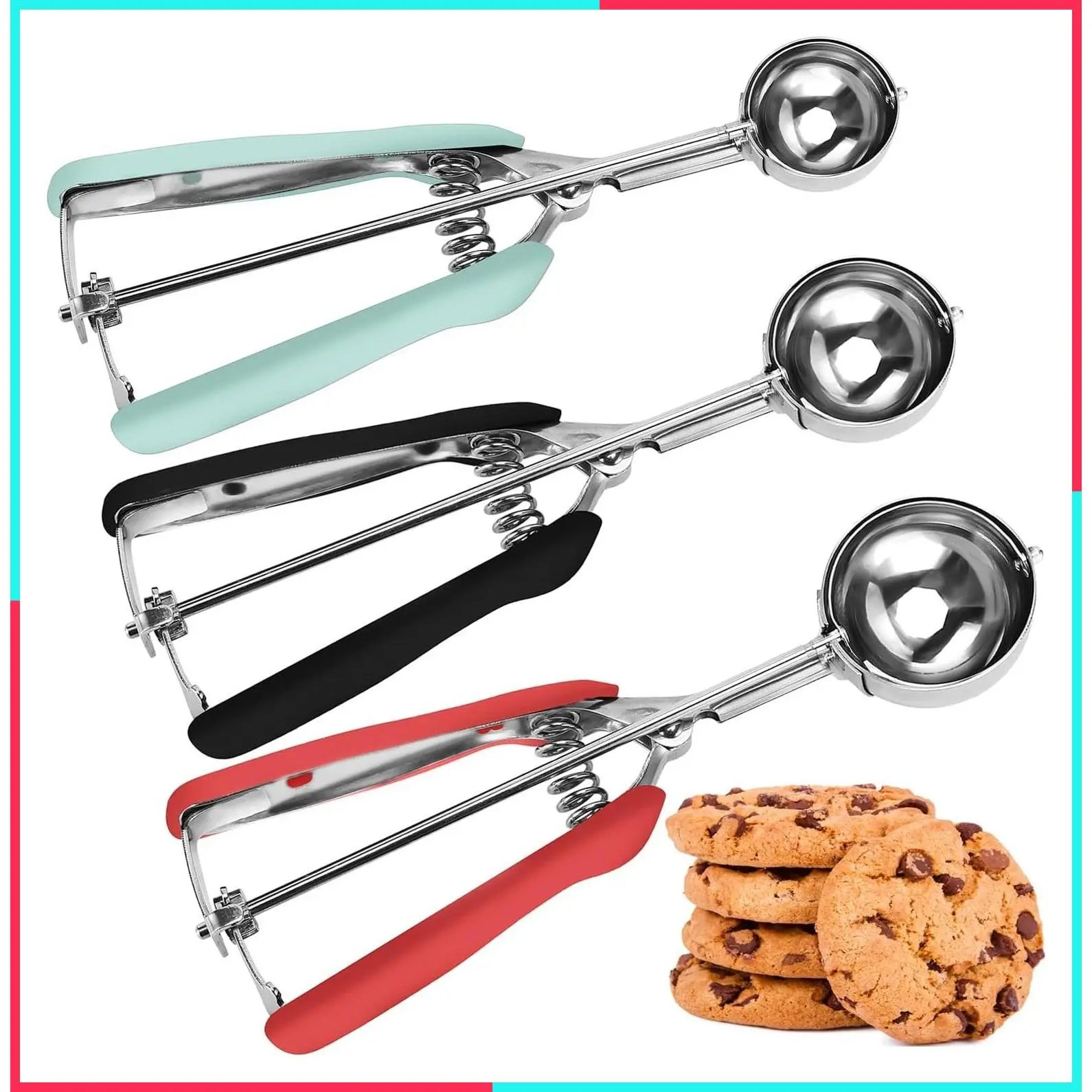 Cookie Scoop Set of 3 – 1, 2, and 3 Tablespoon Cookie Dough Scoops with Red, Black & Mint Handles for Baking Cookies, Cupcakes, Muffins, Ice Cream & Truffles