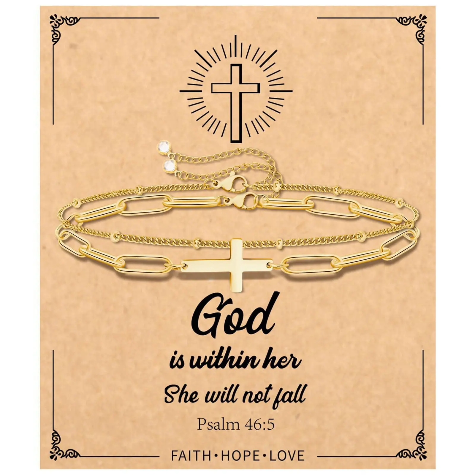 Women's Adjustable Gold Double-Strand Layered Cross Bracelet, Christian Faith Bible Verse Inspired Meaningful Gift, Minimalist Aesthetic Religious Daily Wear Jewelry, Bracelets
