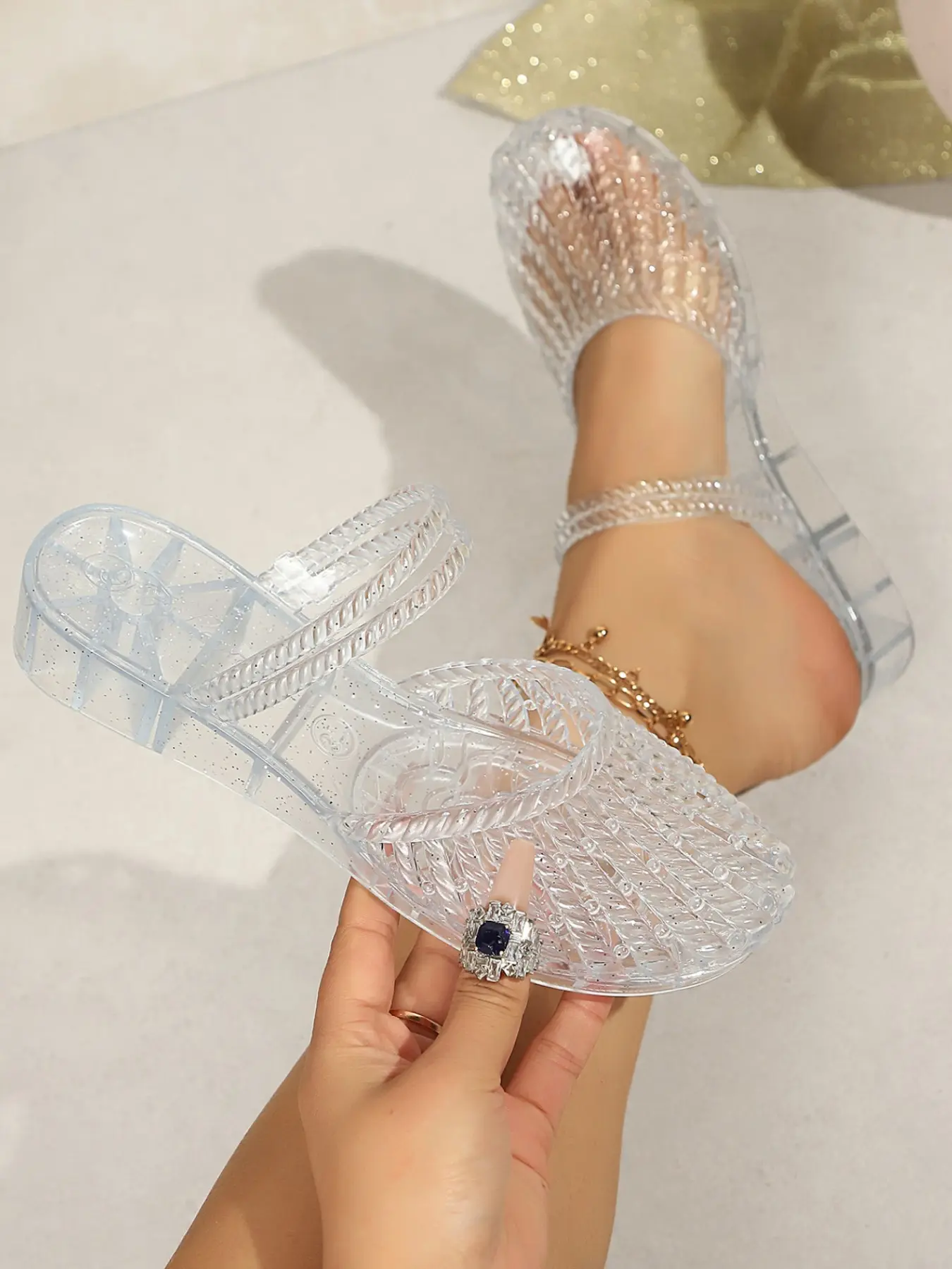 Women Clear Jelly Wedge Sandals, Hollow Out Closed Toe, Two Ways Wear Mules, Ankle Strap Platform Slides, Summer Beach Plastic Shoes, Elevated Sandals