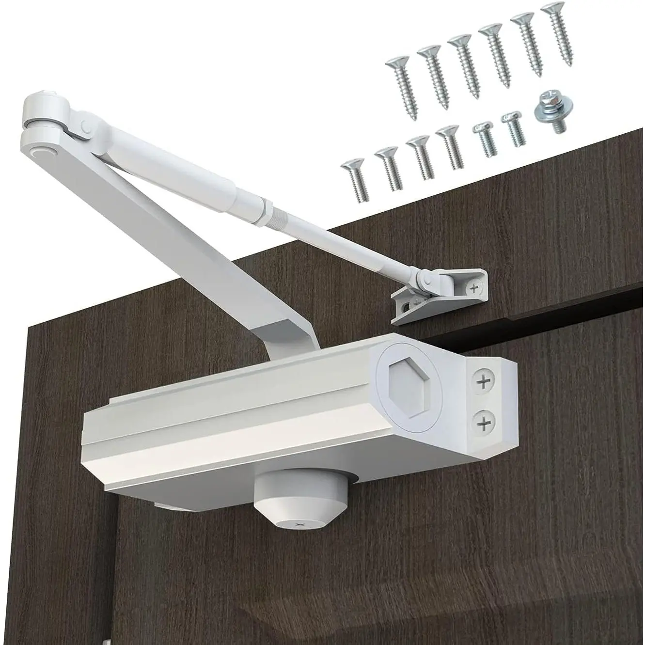 Automatic Door Closer Heavy Duty Fire Prevention Spring Hydraulic  Alloy Surface Mounted Residential Commercial Grade Door Closer Adjustable Speed Door Weights 55-99 Lbs Size1-White