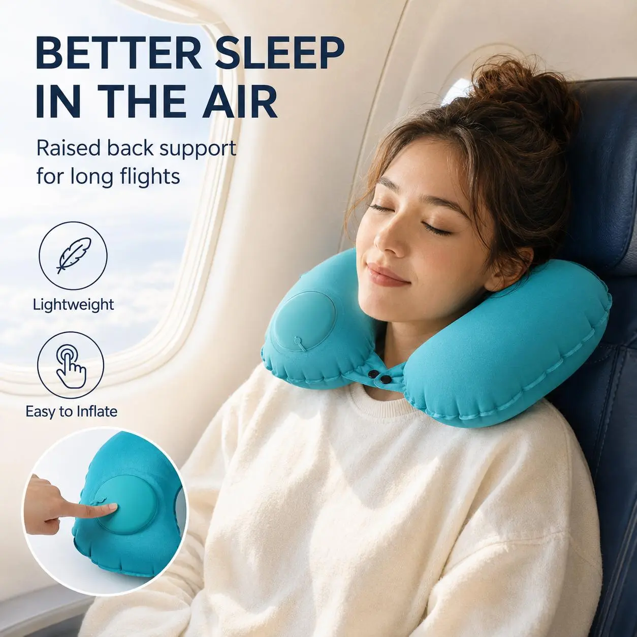 Upgrade Inflatable U-Shaped Travel Neck Pillow with Raised Back Neck Support, Press Type Self-Inflating Air Pillow, Portable Foldable Neck Cushion for Airplane, Car & Office Rest