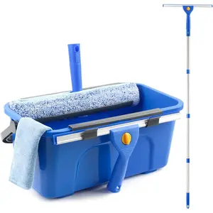 Window cleaning kit, includes a 3-gallon water bucket, 14inch window squeegee and 15inch brush, with 61inch long handle, professional window cleaning equipment, suitable for home, outdoor and commercial use