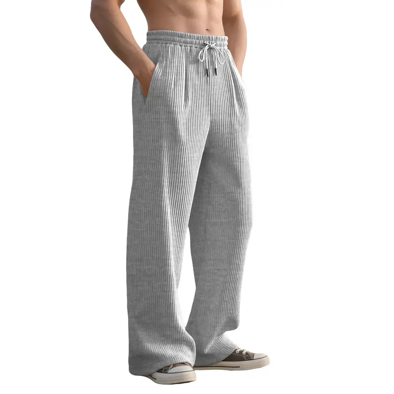 Men'S Vertical Striped Casual Long Pants Mid High Waist Relaxed Wide Straight Leg Daily Trousers