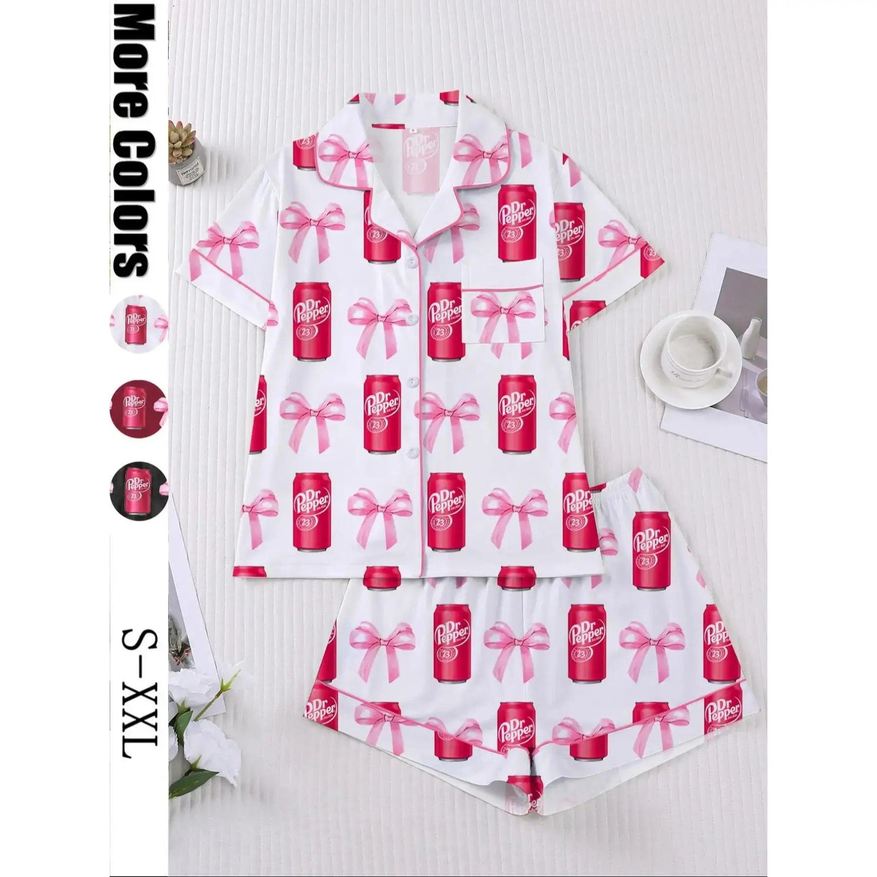 Women's 2-Piece Short Sleeve Sleepwear Loungewear Homewear Pajama Set, Pyjamas, Soda Print, Soft Fabric, Elegant Casual, Comfortable Lapel Top & Wide Leg Shorts
