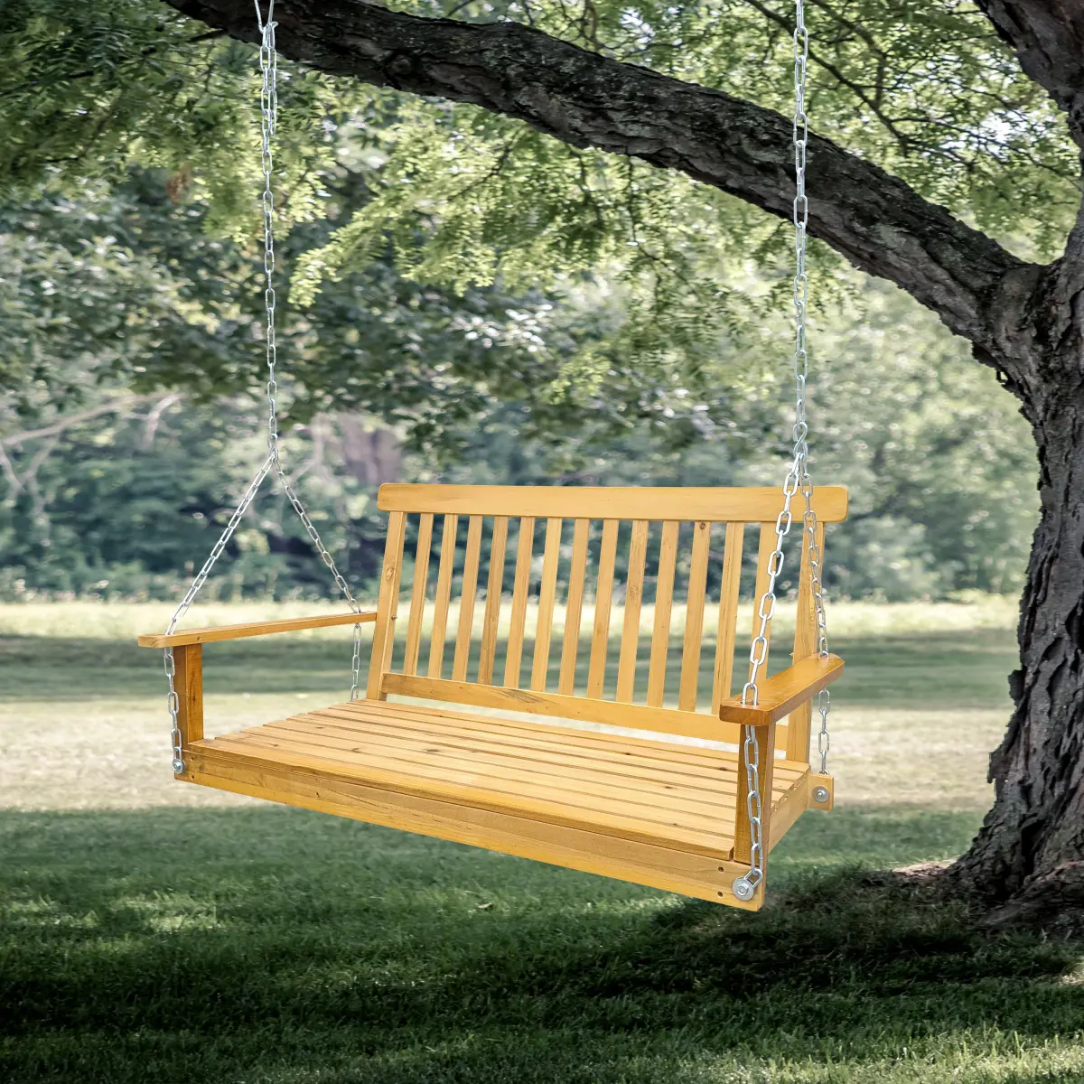 Teak Set Porch Swing with Armrests and Hanging Chains, Outdoor Wood Bench Swing for Patio, Garden, Easy to Assemble, Set Porch Swings