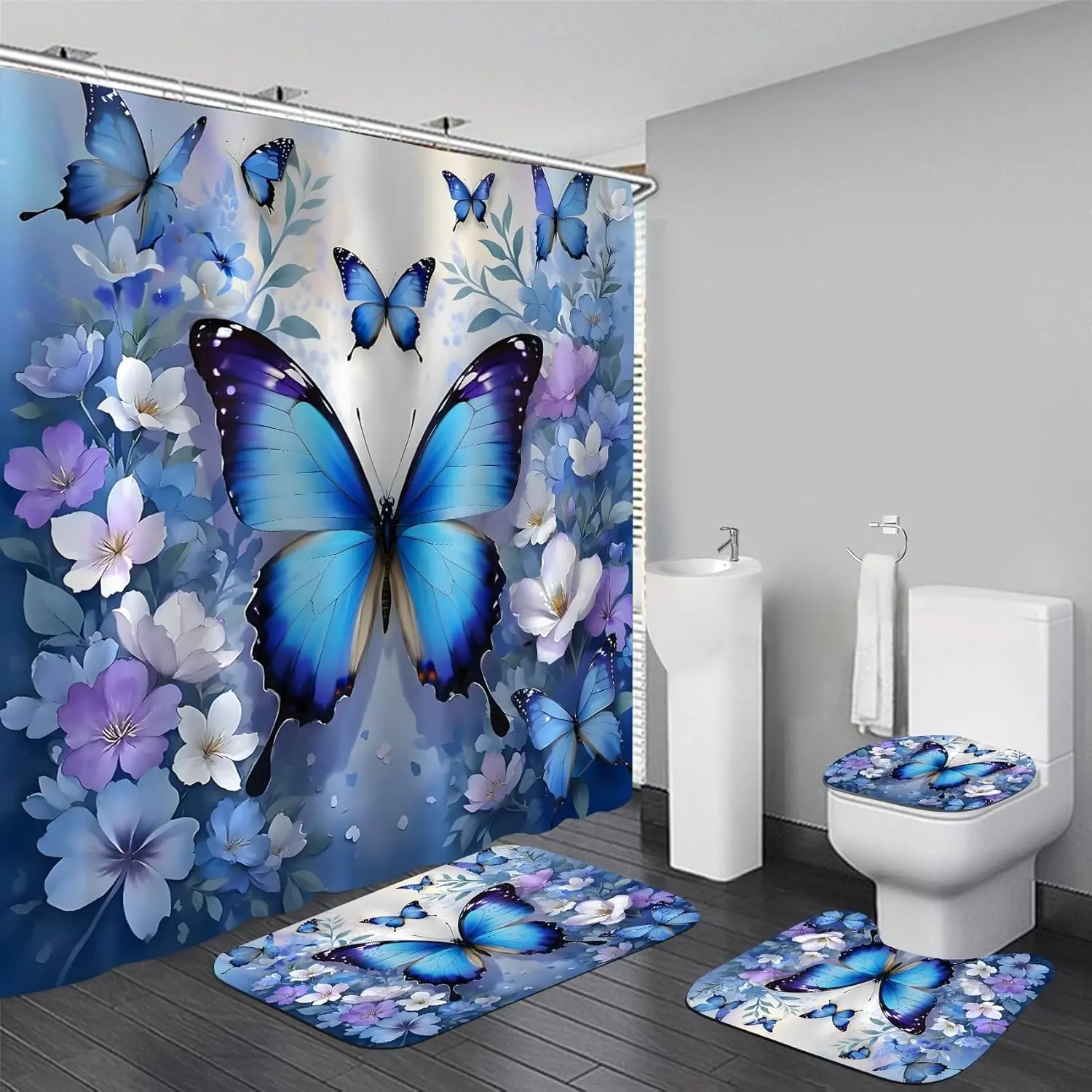 4pcs， Blue Butterfly Pattern Shower Curtain Bathroom Decor Set, Includes Rug, Waterproof Bath Mat, Toilet Lid Cover, U-Shaped Carpet, 12 Hooks, 71x71 Inches