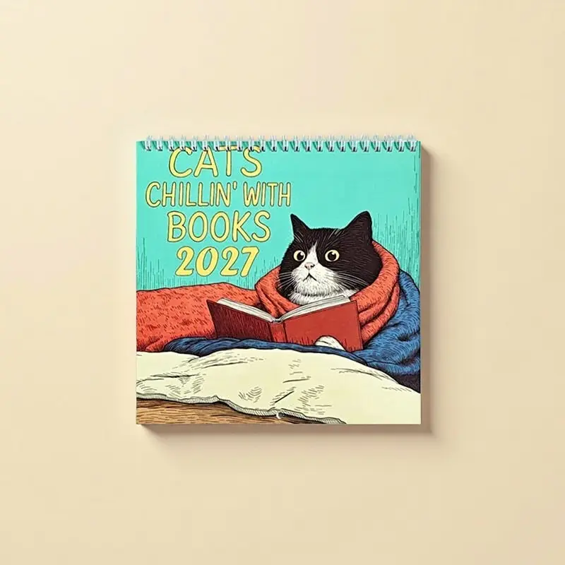 1-Piece 2027 Cats Chillin' with Books Wall Calendar Cute Adorable Literary Style 12 Months + Monthly Cat with Books Illustrations + Date Marking for Cat Lovers / Bookworms / Home Decor