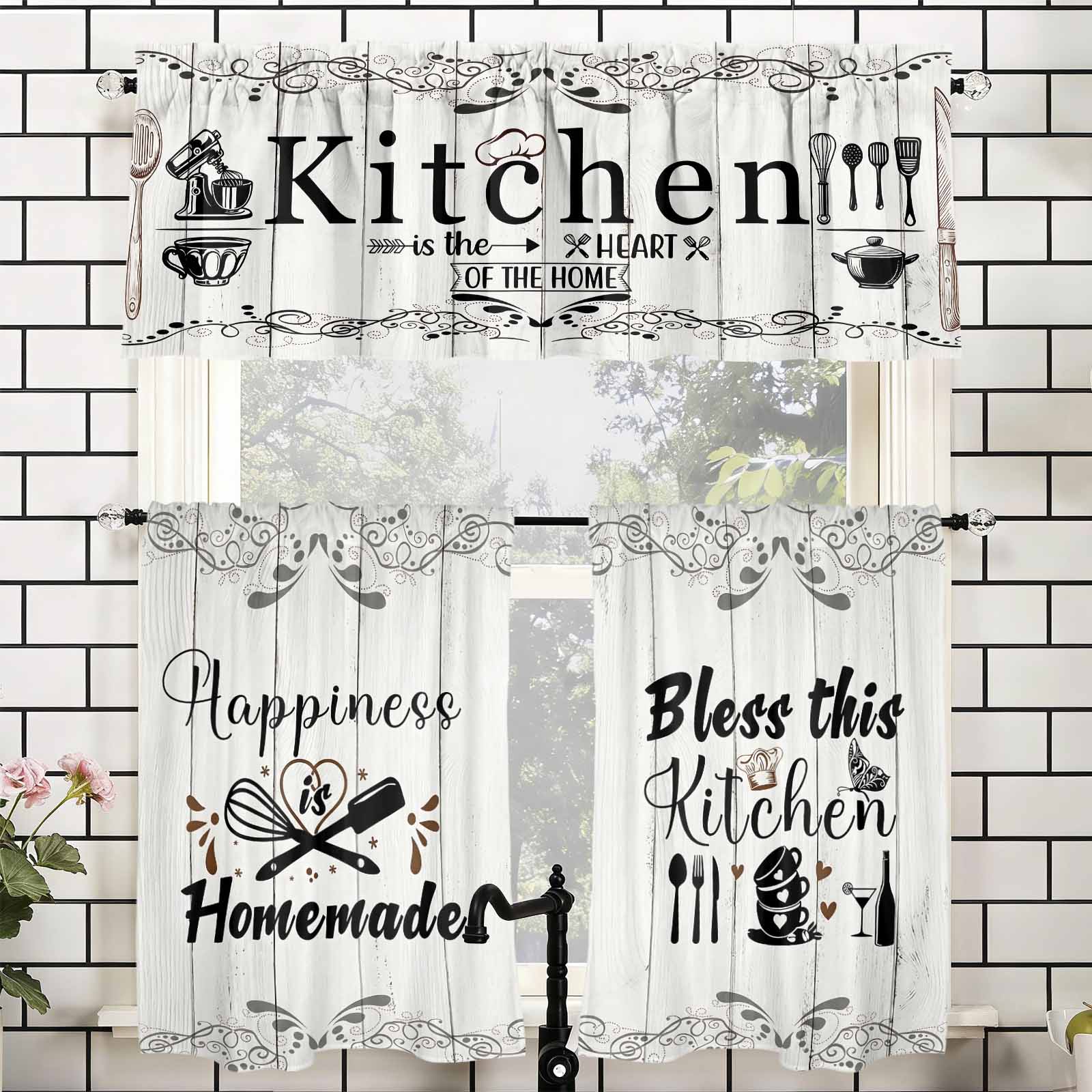SoftHaven Home Made in USA Vintage Rustic Farmhouse 3-Piece Kitchen Curtains & Valances Set, Elegant Country Style Rod Pocket Window Drapes, Reusable Washable Polyester Home Decor for Kitchen Windows