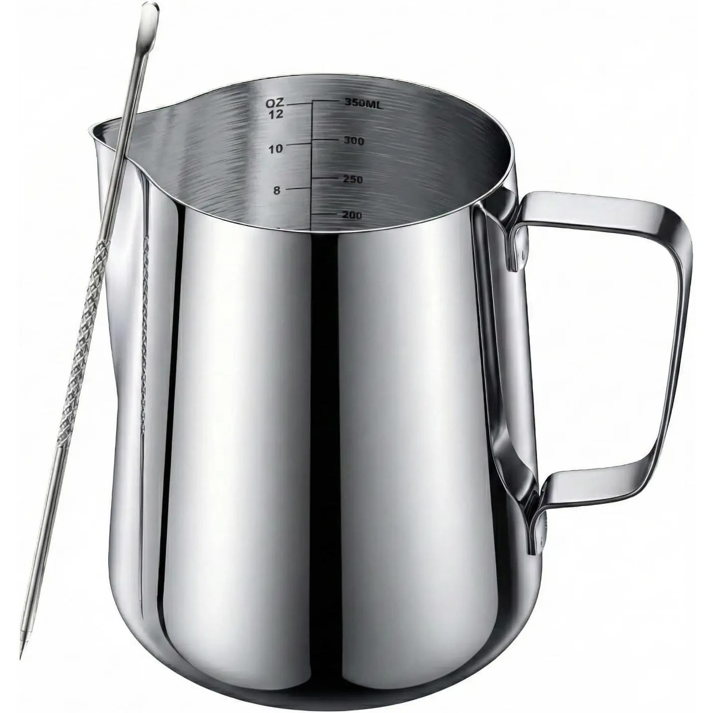 Milk Frothing Pitcher 12oz with Measurements, Stainless Steel Espresso Steaming Pitcher (350ml) & Latte Art Pen - Metal Creamer Cup & Barista Espresso Machine Accessories for Cappuccino, Macchiato