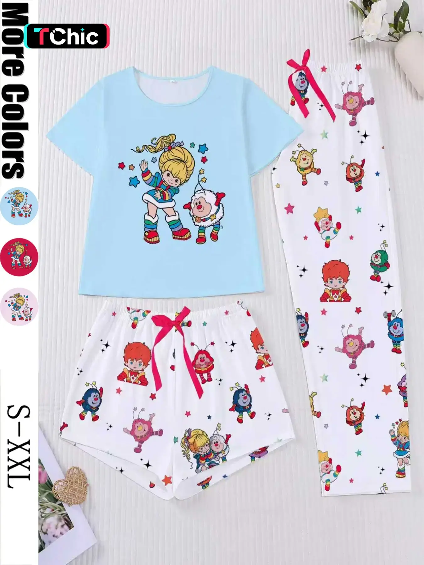 3-Piece Cartoon Print Women's Pajama Set, Short Sleeve Round Neck Top, Elastic Shorts and Pants, Elegant Daily Wear, Holiday Party, Loungewear, Nightwear, Chic, Pajamas Home Wear