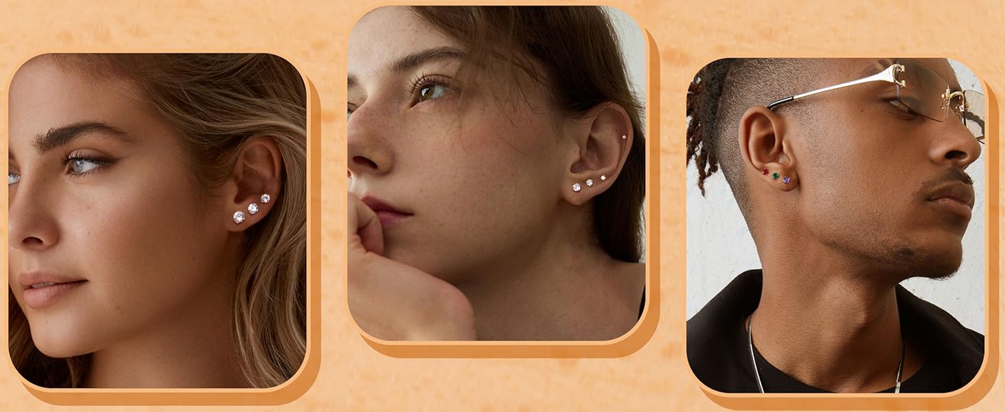 Besteel Stylish 20G Hypoallergenic Flat Back Earrings- Dainty and Comfortable Silver/14K Gold/Stainless Steel Studs, Birthstone & CZ Studs