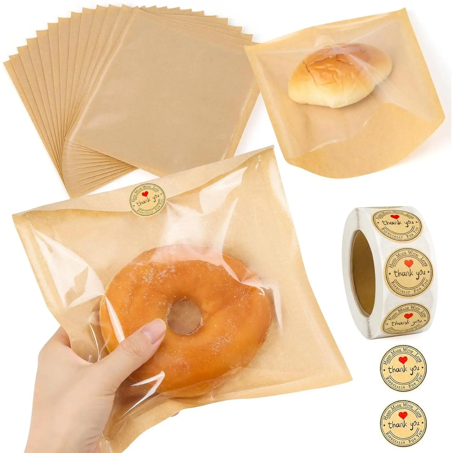 150 Pack Bakery Bags with Window, 7.5 x 7.1 Inches,  Paper Sandwich Bags, Donut Bags To Go, Bakery Paper Bags for , Snack, Cookie Waffle Cake Packaging