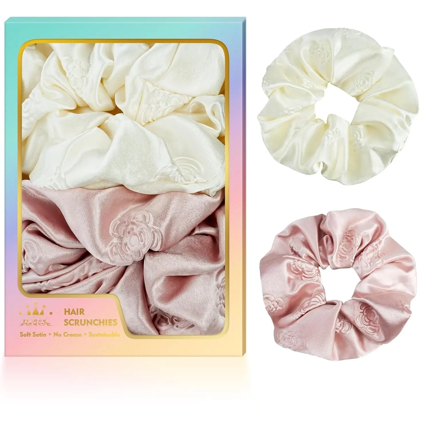 2 count Big Rose Printed Satin Scrunchies for Women, Softer Than Silk Scrunchies, Fashion No Crease Hair Ties for Thin Thick Hair,Soft Hair Bands No  for Girls, Ideal Gifts for Women (Set 8)