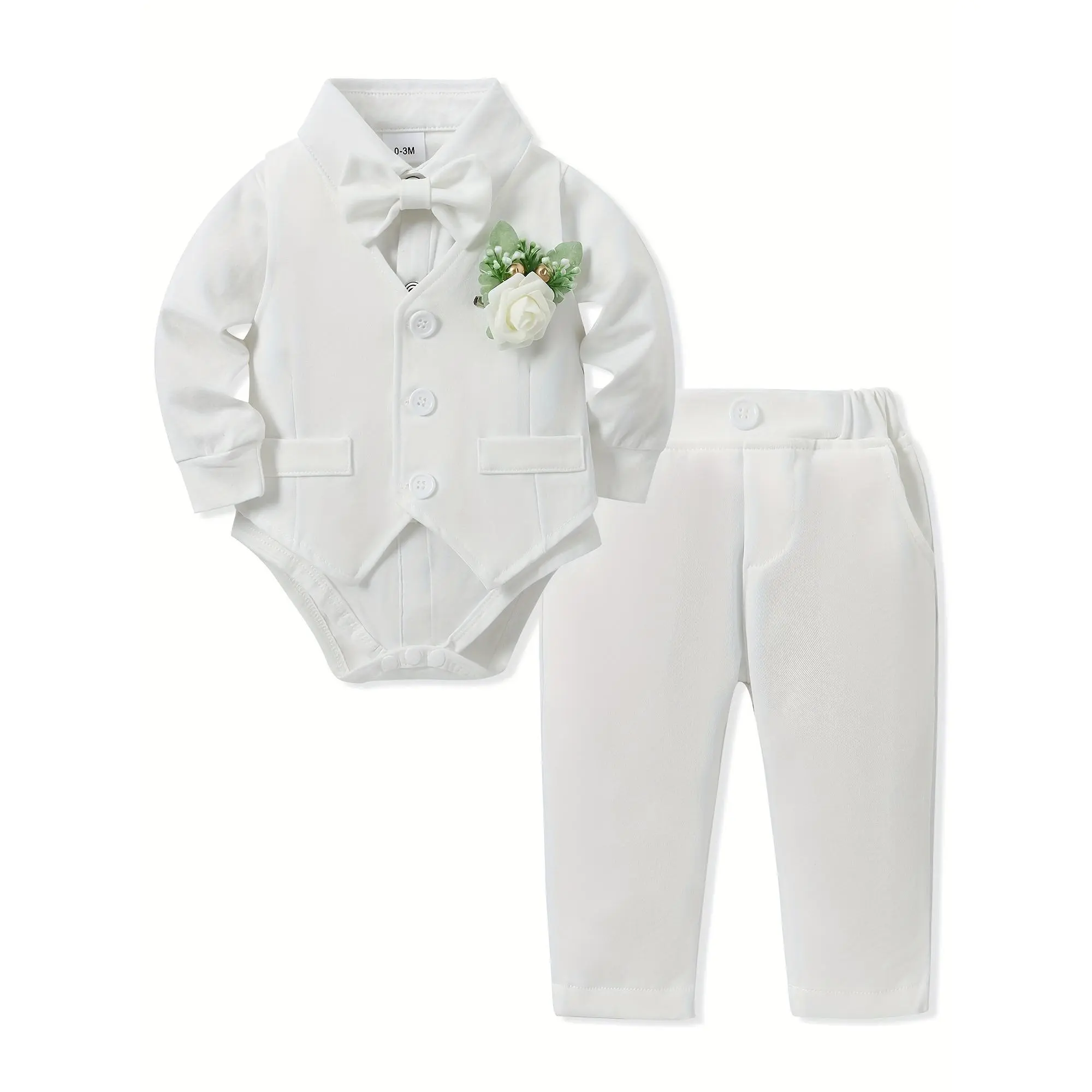 MD 5pcs Newborn Long Sleeve Gentleman Suit Baby Boy Holiday Party Wedding Dress Suit One-Piece Shirt, Vest, Pants, Bow Tie, Corsage 0.0-78.74ft Soft And Comfortable Toddler Clothing