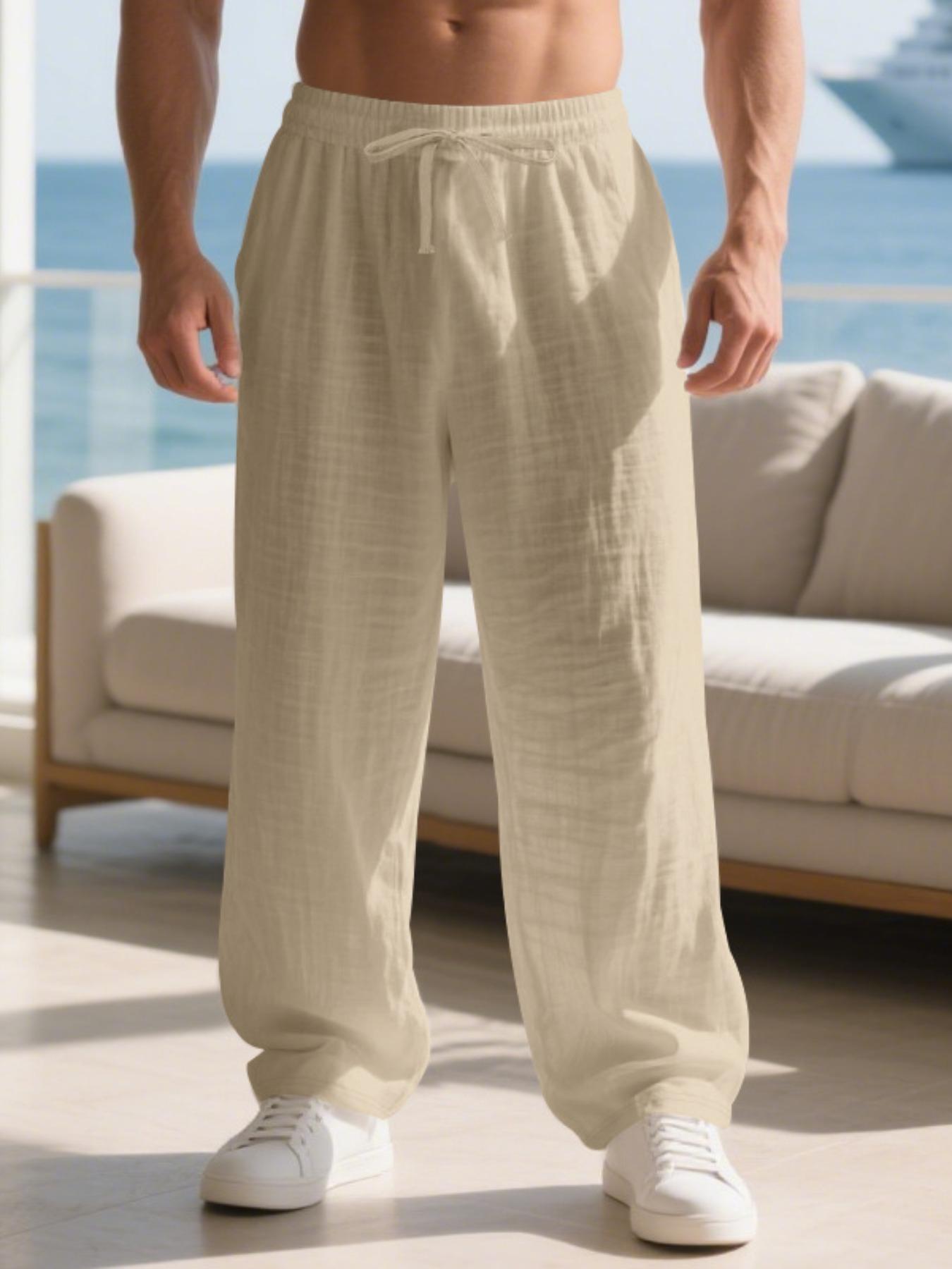 Men's Linen Long Pants Fit with Pockets, Casual Beach Pants, Summer Home Wear, Elastic Waistband & Drawstring, Spring & Fall Fashion