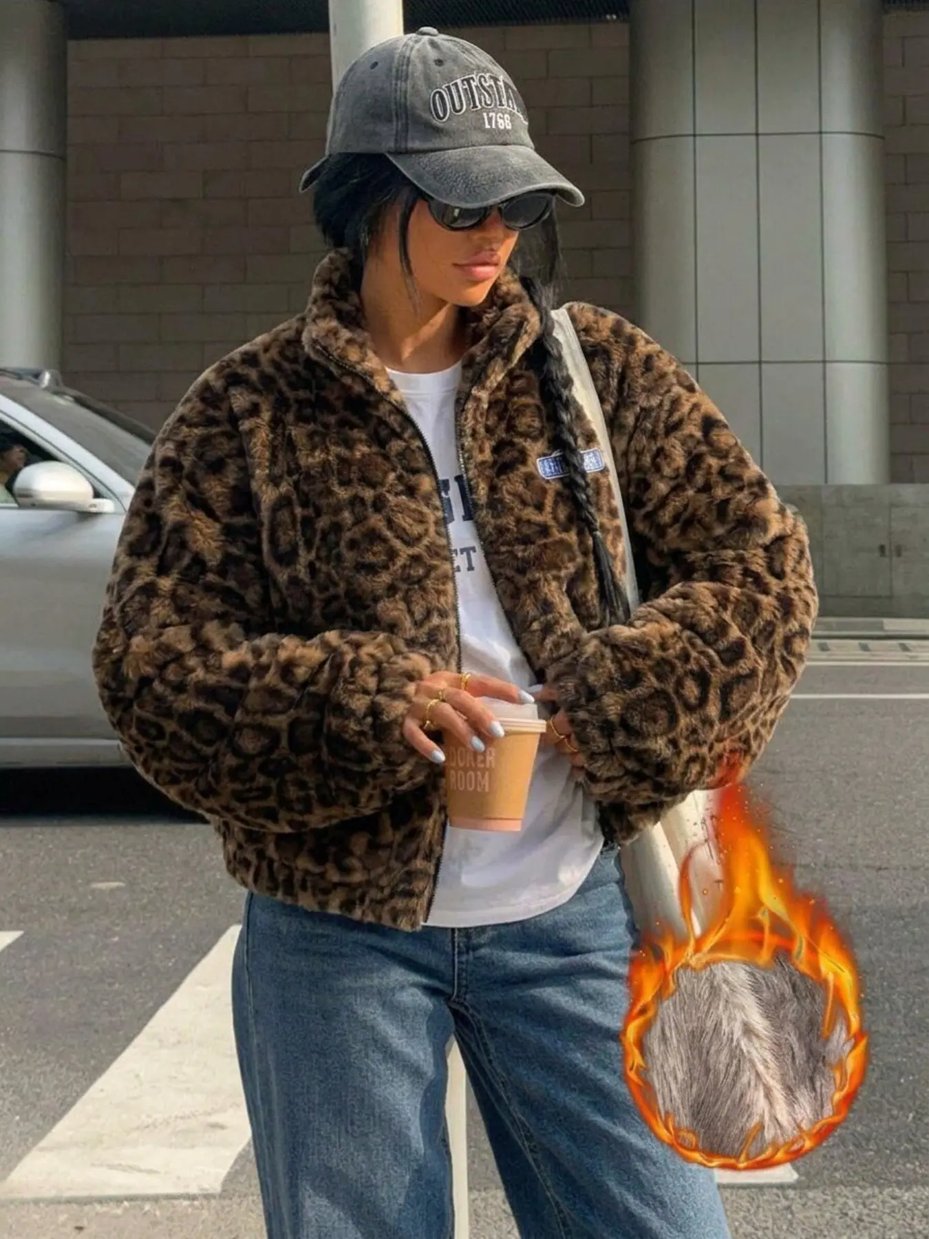Women Brown Leopard Print Teddy Fleece Full Zip Stand Collar Jacket Embroidered Badge Long Sleeve Cropped Loose Fit Thermal Warm Soft Plush Fabric Streetwear Y2K Casual Daily Outerwear Fall Winter Ladies Fashion Apparel
