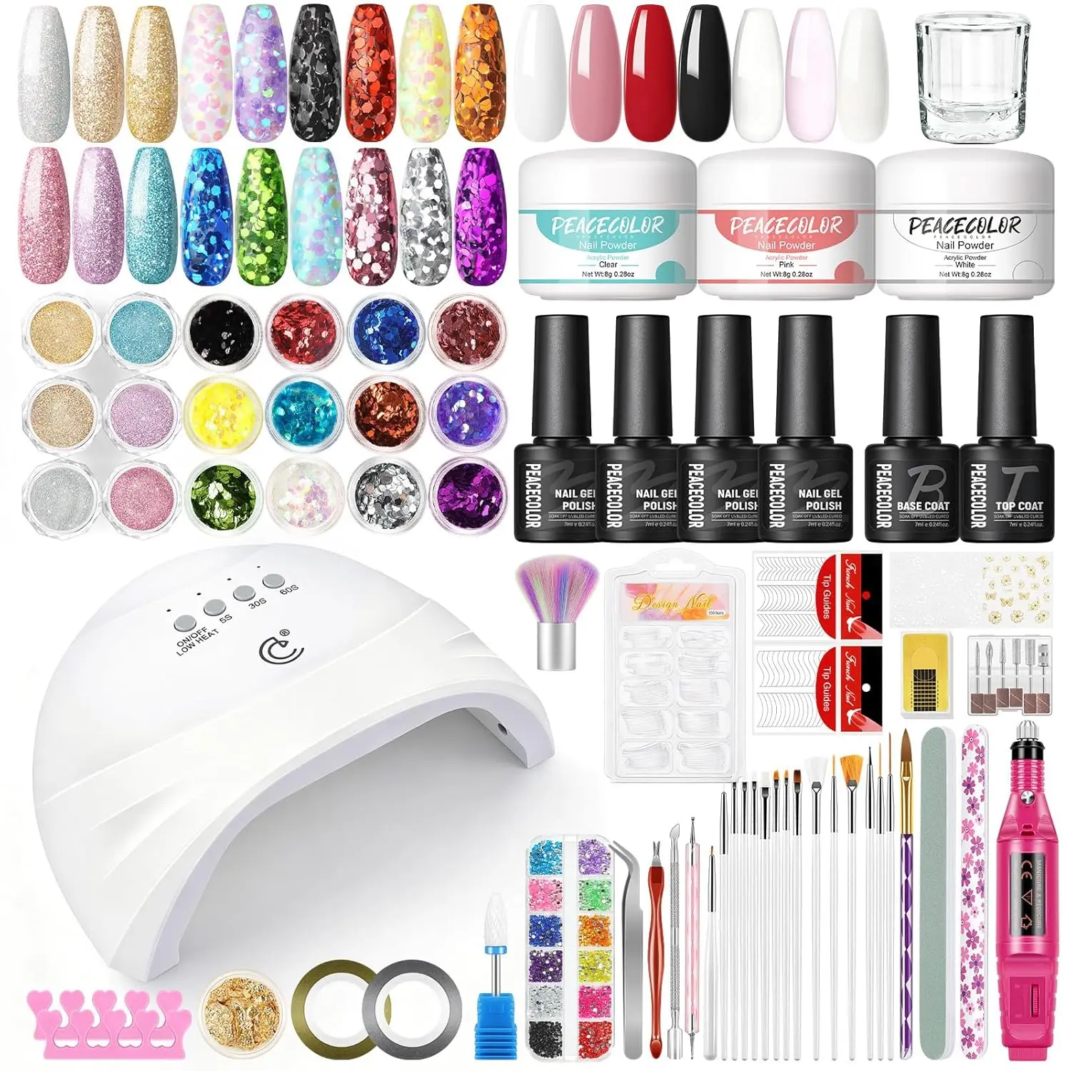 Acrylic Nail Kit   with Everything ,Professional Nail Kit Acrylic Set with Drill U V Light 21Pc Glitter Powder Gel Polish Decorations Gel Nail Gift Set  Home Salon New model