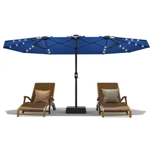 15FT Rectangular Market Umbrella with 48 Solar LED Lights, Base Included, Crank Handle, UV Protection for Backyard, Deck, Poolside, Ivory