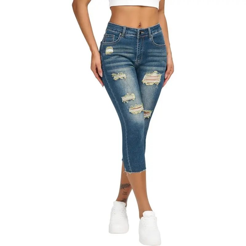 Women's Capri Jeans Ripped Stretch Denim Capris Mid Rise Skinny Cropped Pants