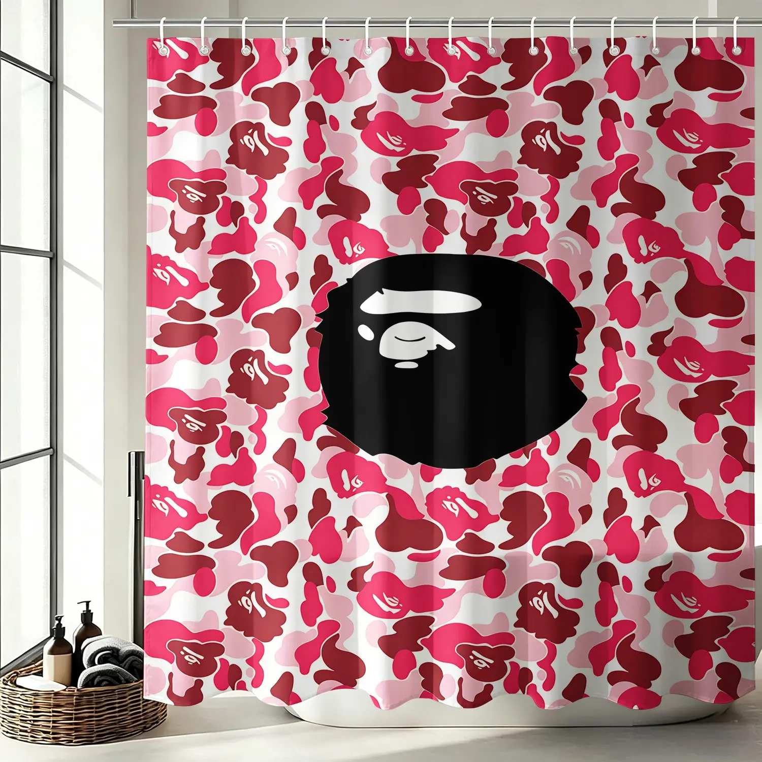 Pink Camouflage Cartoon Ape Texture Trendy Decorative Shower Curtain-Waterproof Mold-Resistant Oxford Fabric 72 Inch 12 Hooks-No-Drill Easy Install Privacy Bath Curtain-For Home/Dorm/Gaming Room Bathroom Decor