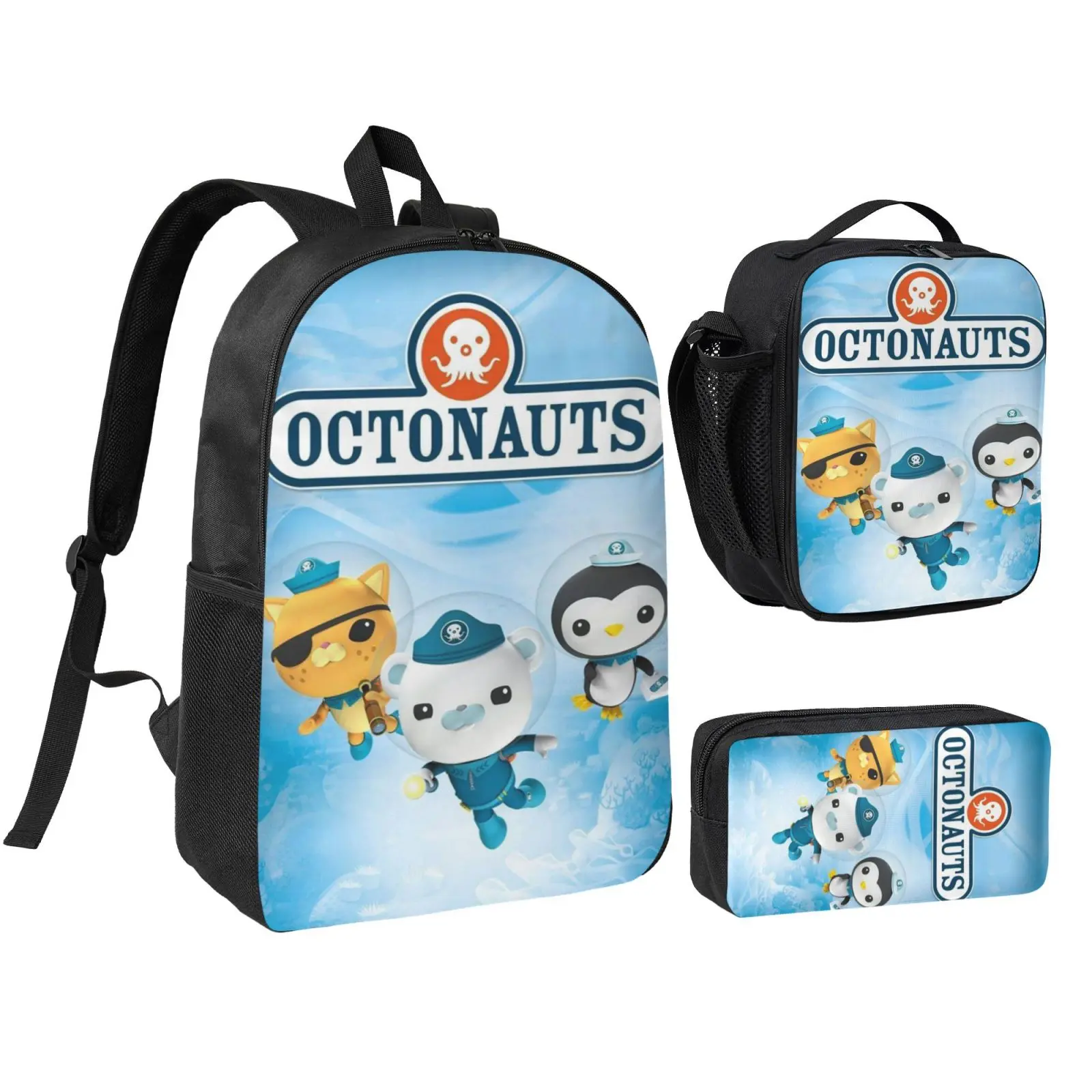 Anime Octonauts 3Pcs School Backpack Set for Teen Boys Girls, Adjustable Shoulder Straps Lightweight Bookbag with Insulated Lunch Bag & Pencil Case, School bag, Travel Office Daily Bag