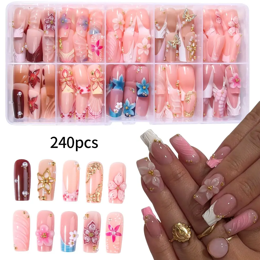 240pcs Long Square Press-On Nails, 3D Gel Flowers, Pearl Rhinestones, Acrylic False Nails, Easy to Wear, Perfect for Parties and Daily Use
