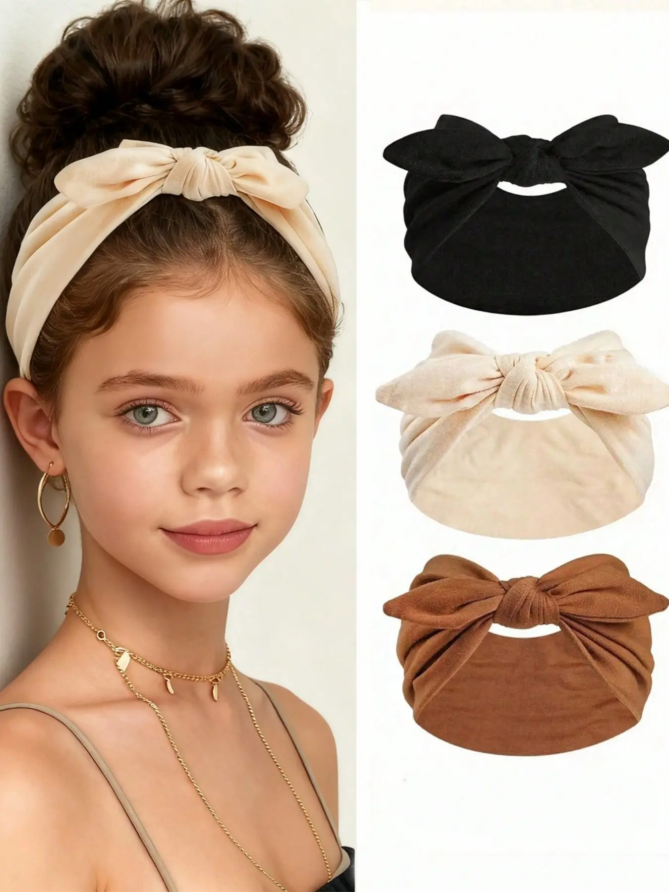 3pcs Girls Bowknot Rabbit Ear Headband, Boho Extra Wide Cute Rabbit Ear Knotted Headband, Solid Color Bowknot Hair Accessory, Suitable For Girls Daily Wear