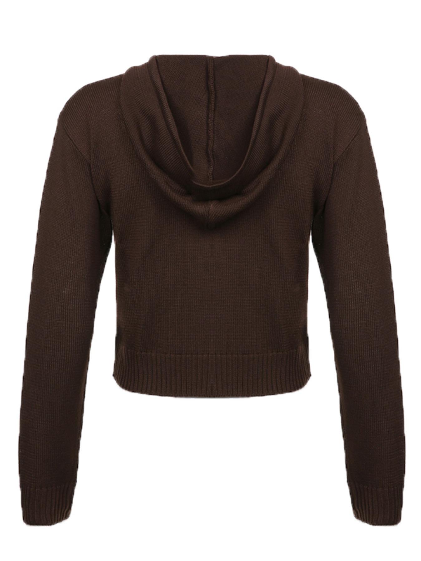 Women's Plain Drawstring Drop Shoulder Zip Up Hooded Crochet Cardigan, Casual Solid Dual Pocket Long Sleeve Outerwear, Women's Clothing