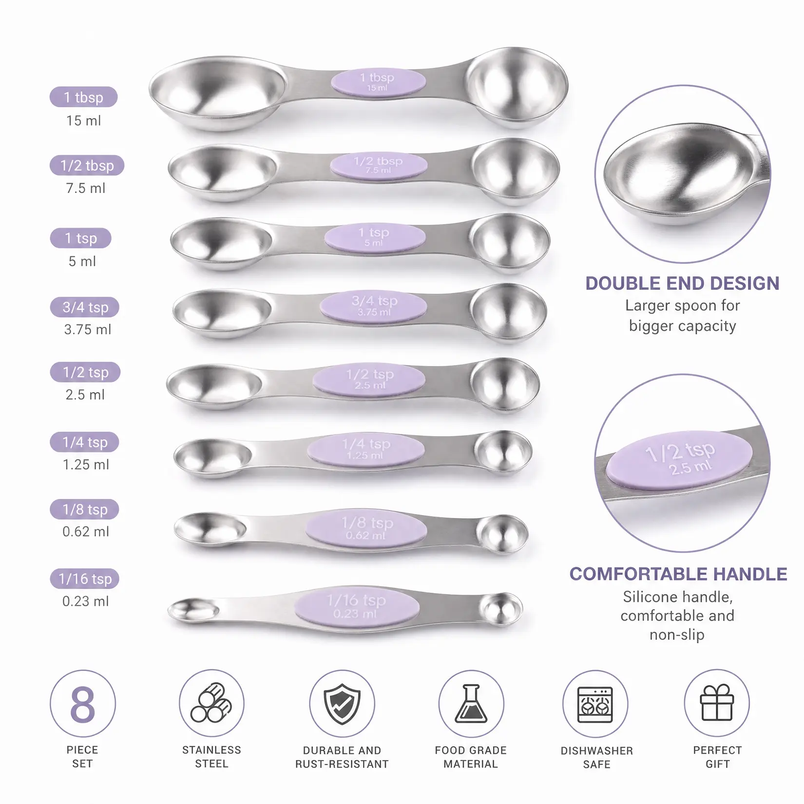 16-Piece Stainless Steel Measuring Cups and Spoons Set – Magnetic Stackable Kitchen Tools with Purple Silicone Handles, Dishwasher Safe, Accurate Measurements for Baking & Cooking