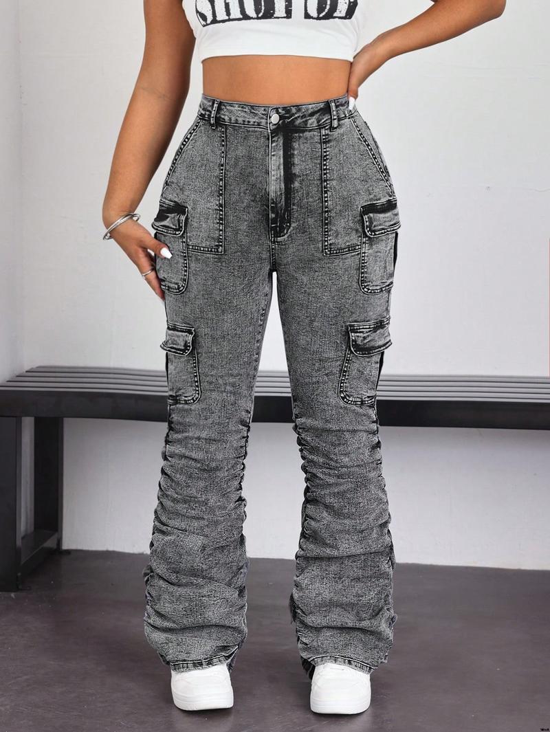 jeans style street folding pockets flap women's ICON SHEIN