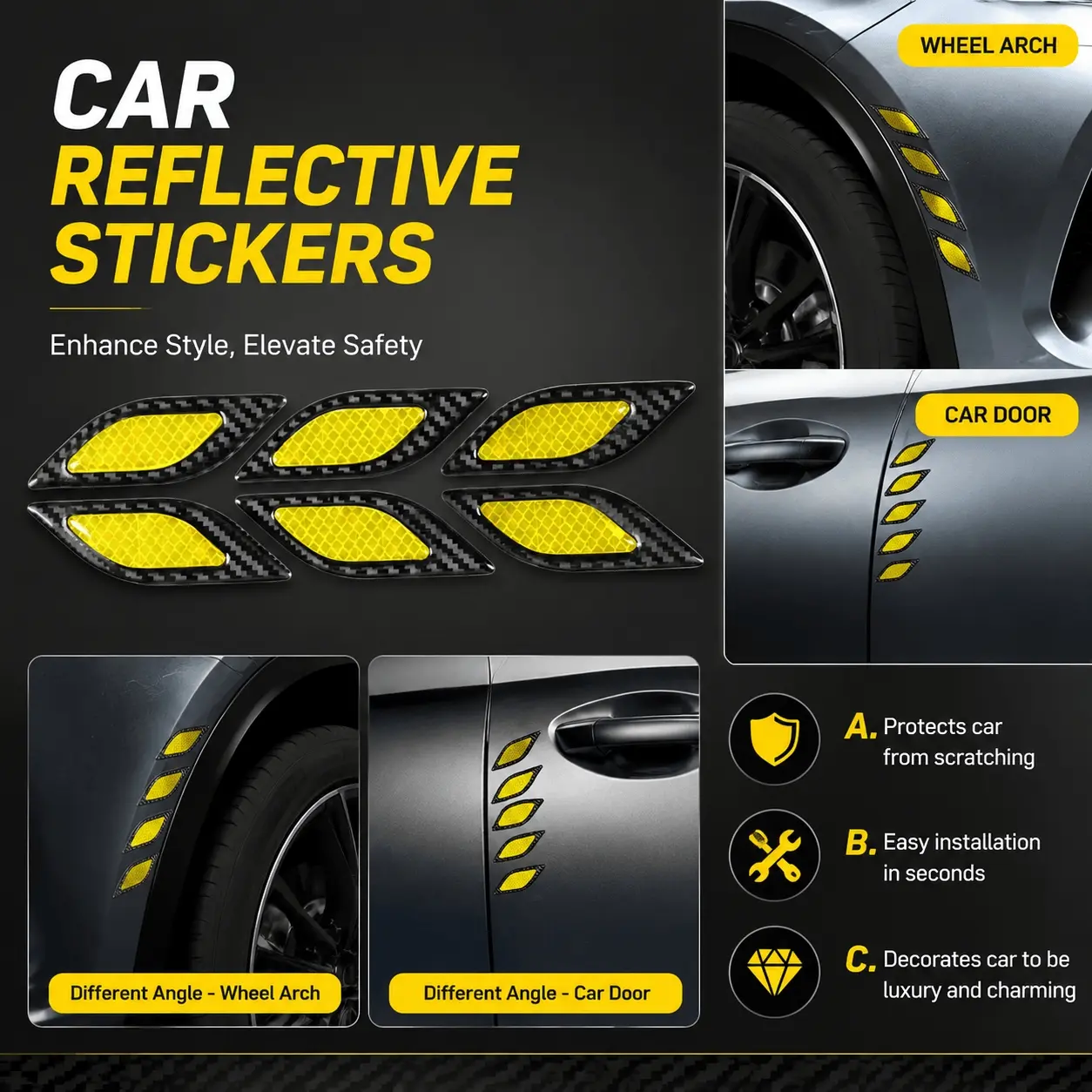 6-Pack Carbon Fiber Vinyl Reflective Tape, High Visibility Safety Strips for Car Hood Doors Wheel Arrows, Waterproof Scratch-Resistant Adhesive Decals for Night Driving, Universal Fit for SUV Sedan Trucks