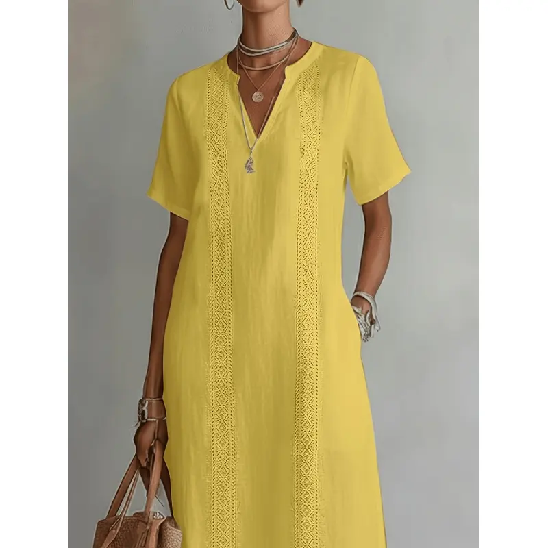 Summer Solid Color V-Neck Short Sleeve Dress for Women, Ethnic Style Slit Maxi Dress with Pockets, Loose Fit Vacation Dress ASD1