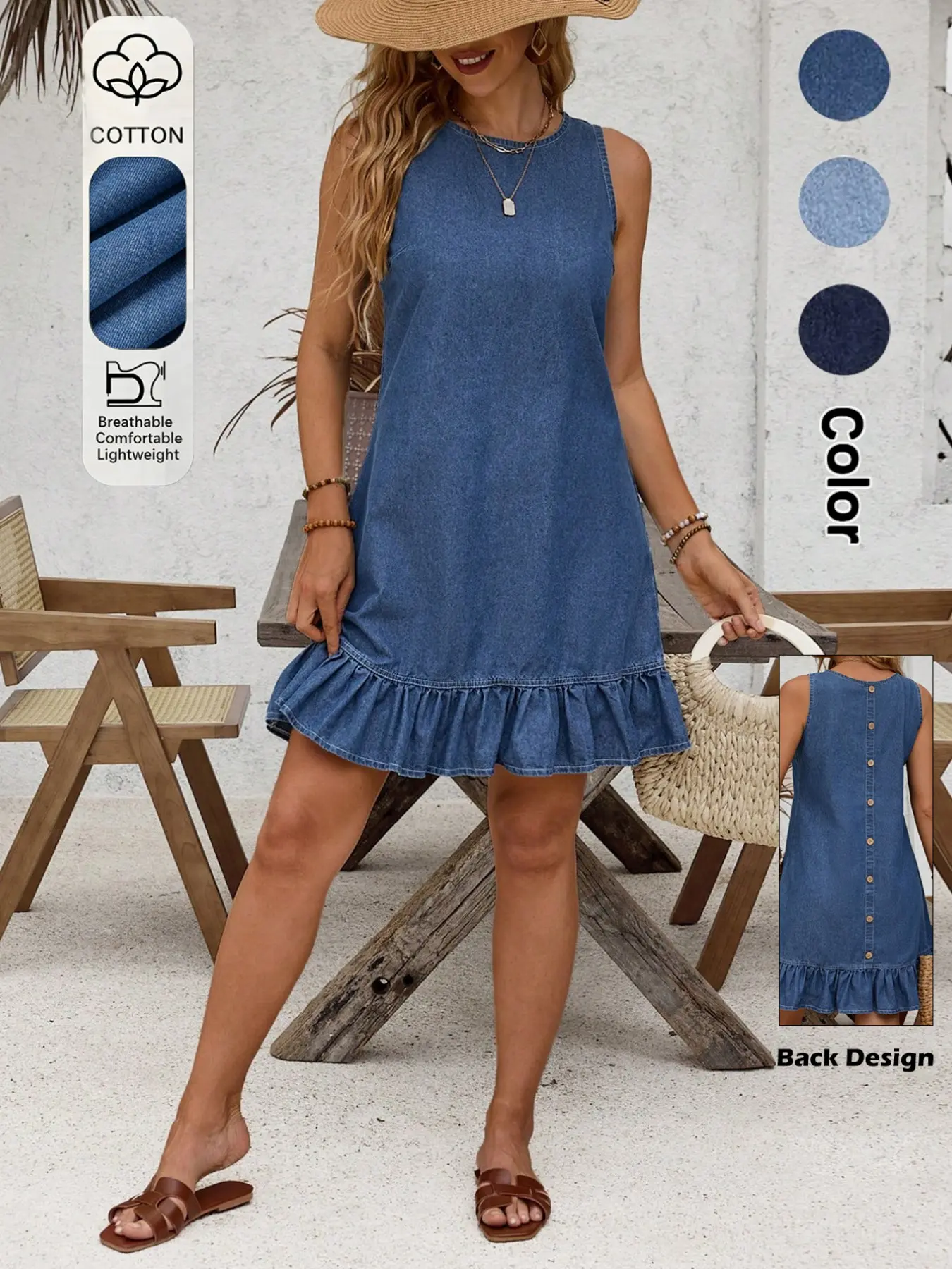 Women's Denim Dress, Plain Sleeveless, Flounce Hem, Loose Fit, Comfortable Casual Elegant, Ideal for Vacation Wear, Casual Beach Dress