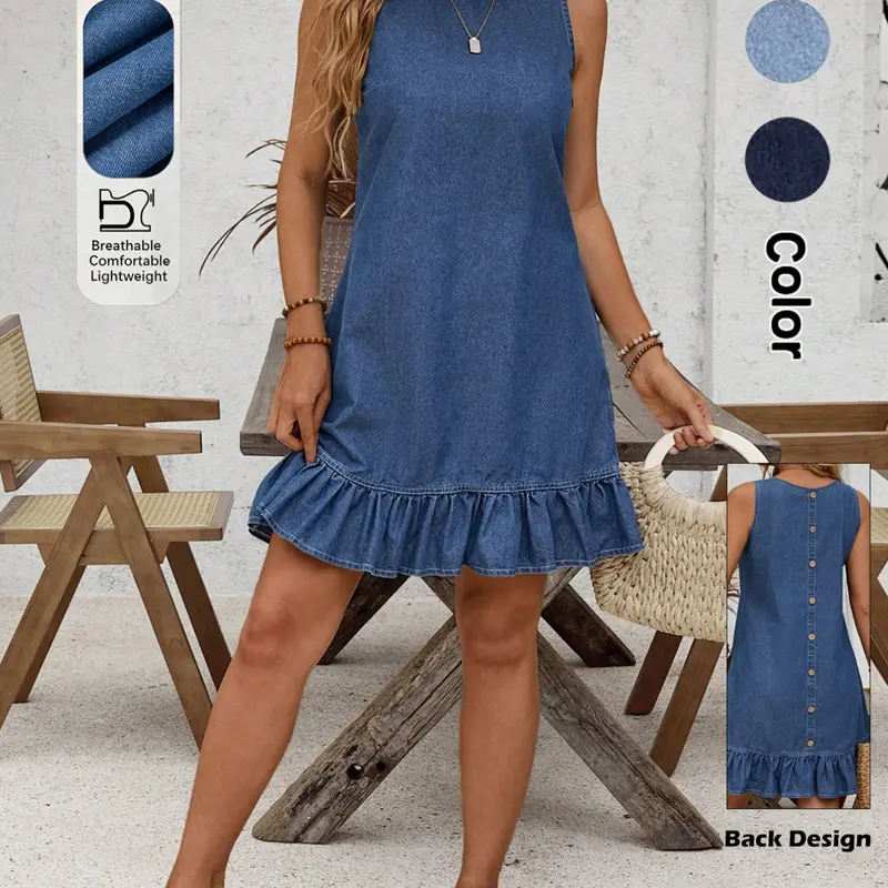 Women's Denim Dress, Plain Sleeveless, Flounce Hem, Loose Fit, Comfortable, Casual & Elegant, Ideal for Summer Vacation Wear, Breathable Sleeveless Dress