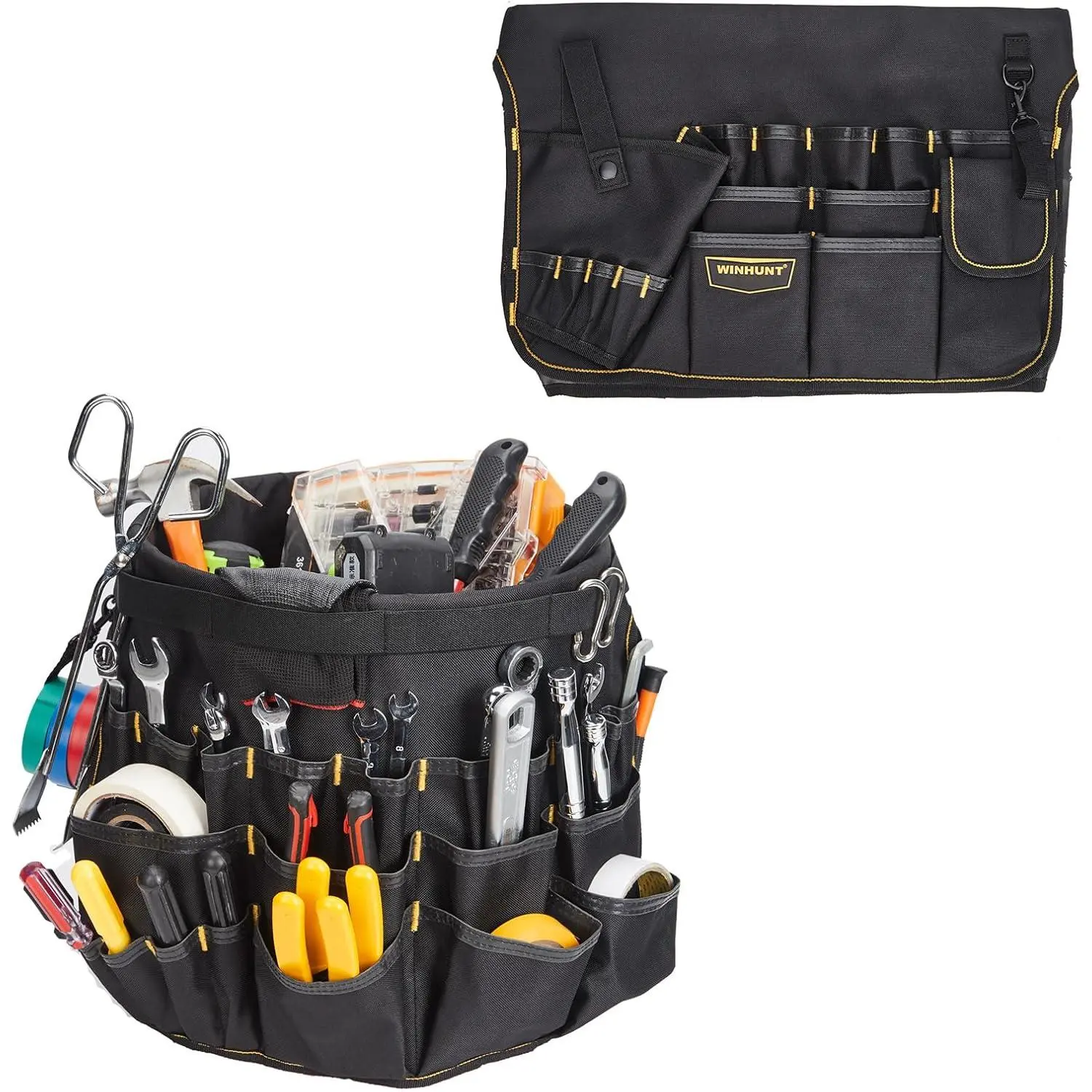 Oxford Fabric Tool Bag Fits 30cm Diameter Bucket, Heavy Duty Tool Organizer with Multiple Pockets & Loops for Storage, Black Tool Tote for Workshop Garage Construction (Bucket Not Included)